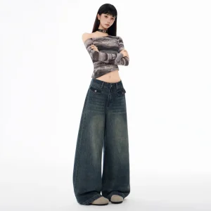 Autumn high-waisted loose slimming straight-leg jeans with flip-pocket design, wide-leg drapey floor-length extended denim pants