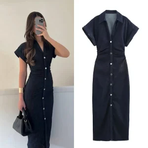 ETJ 2025 Spring New 1975 series denim MIDI dress with lapel side zipper fashion wrinkle waist slim elegant dress