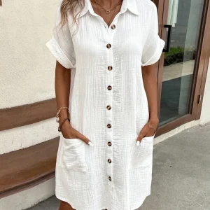 Vintage Women Solid Mini Dress Summer Fashion V-neck Three Quater Sleeve Cotton Linen Dress Ladies Casual Holiday Vestidos