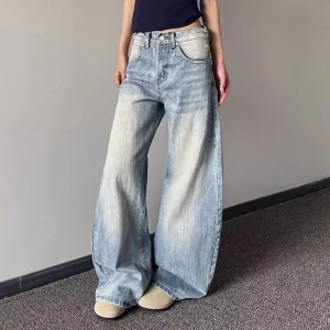 Female Retro Wash Blue Thin Jeans Girls Slim Fit High Waist Denim Trousers Women Korean Fashion Straight Leg Pants