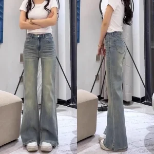 Vintage Distressed Flared Jeans Women's High Waist Straight Leg Jeans Loose Fit Casual Style Comfortable Polyester Denim